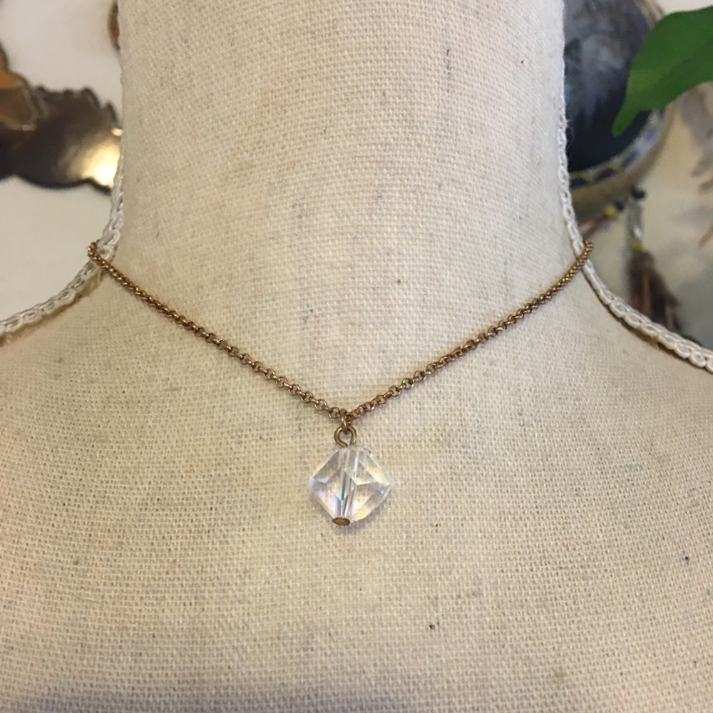 Vintage 80s faceted glass crystal on gold chain